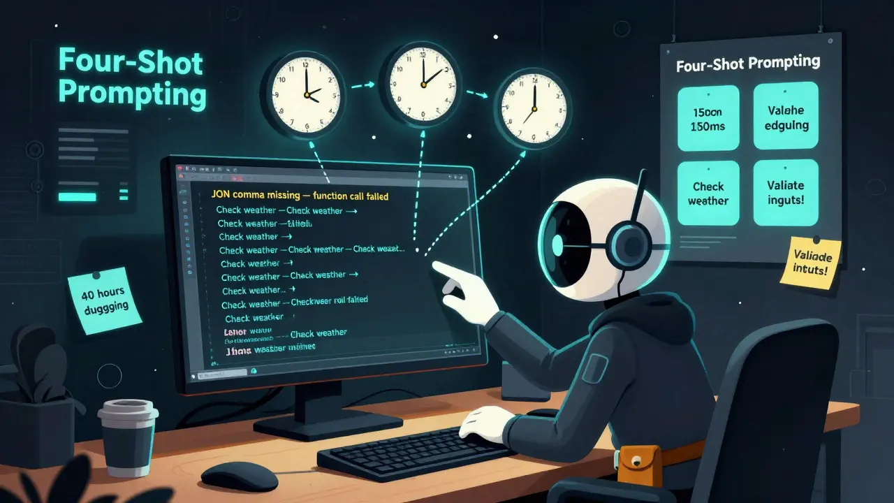 A developer's desk with a looping AI error, surrounded by debugging tips and a 'four-shot prompting' poster.