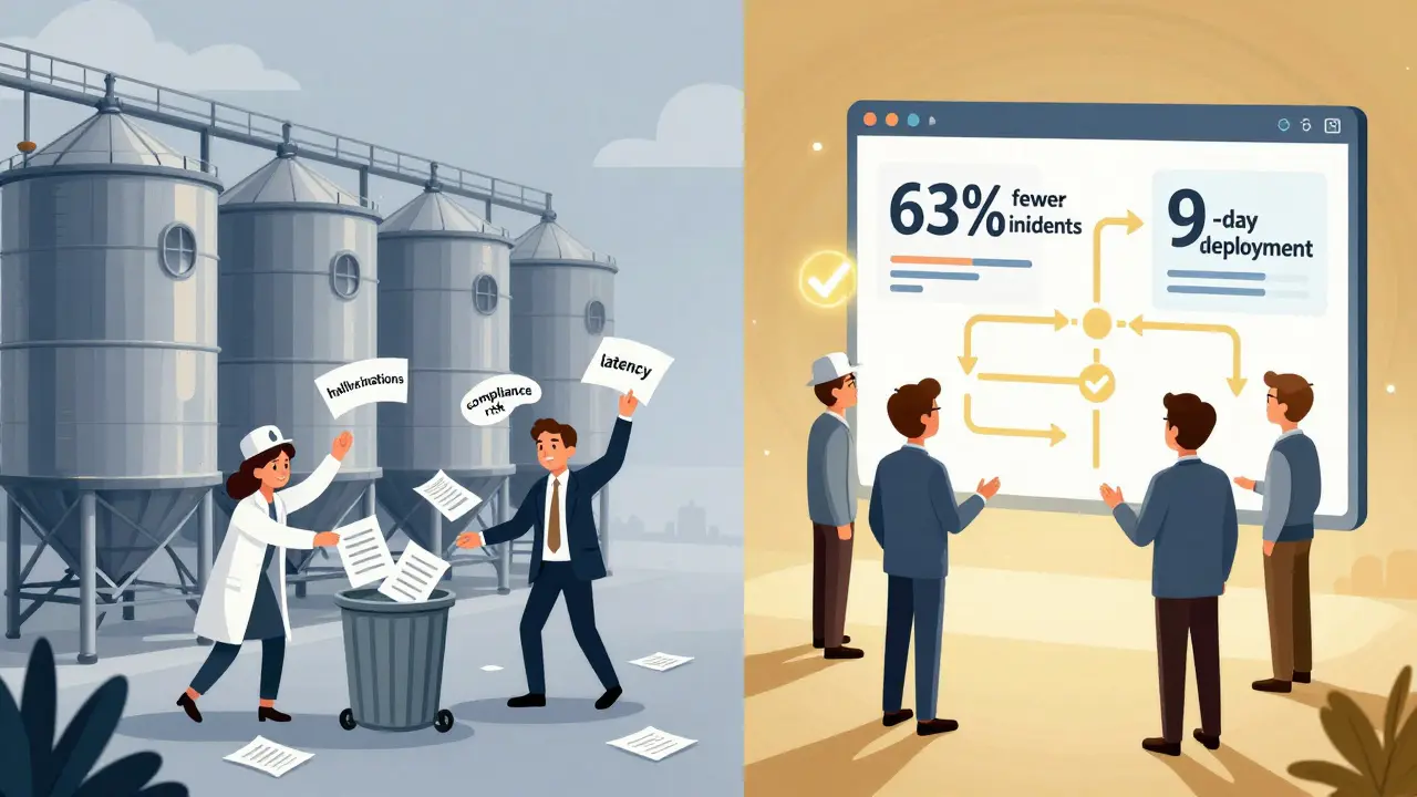 Before-and-after scene: chaotic silos vs. unified team with success metrics and glowing pathways.