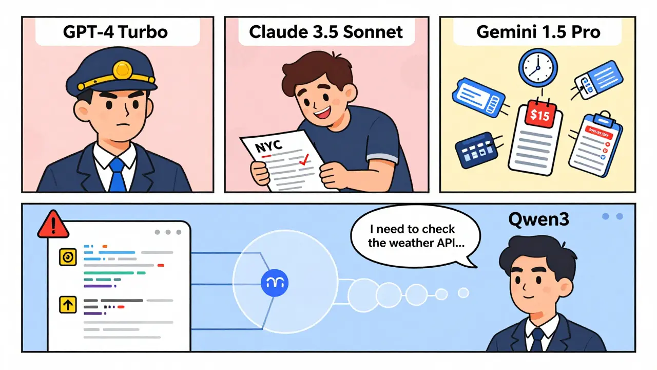 Four AI assistants shown in comic panels, each with distinct approaches to handling function calls.