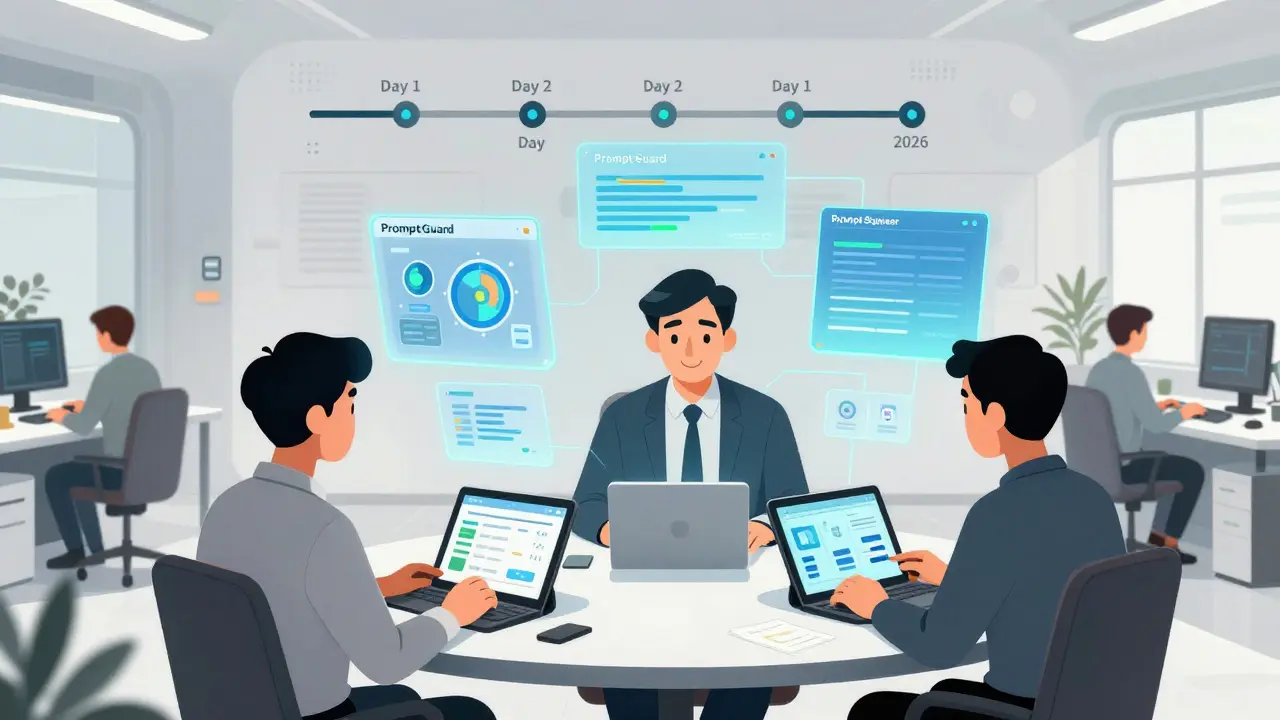 Three-person LLM team monitoring holographic AI tools in a modular office with timeline above.