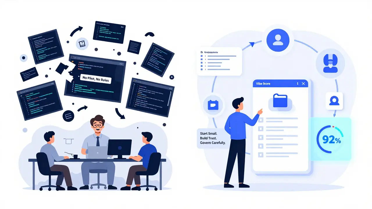 Contrasting chaotic vs. organized vibe coding adoption with clear governance and human-AI collaboration.