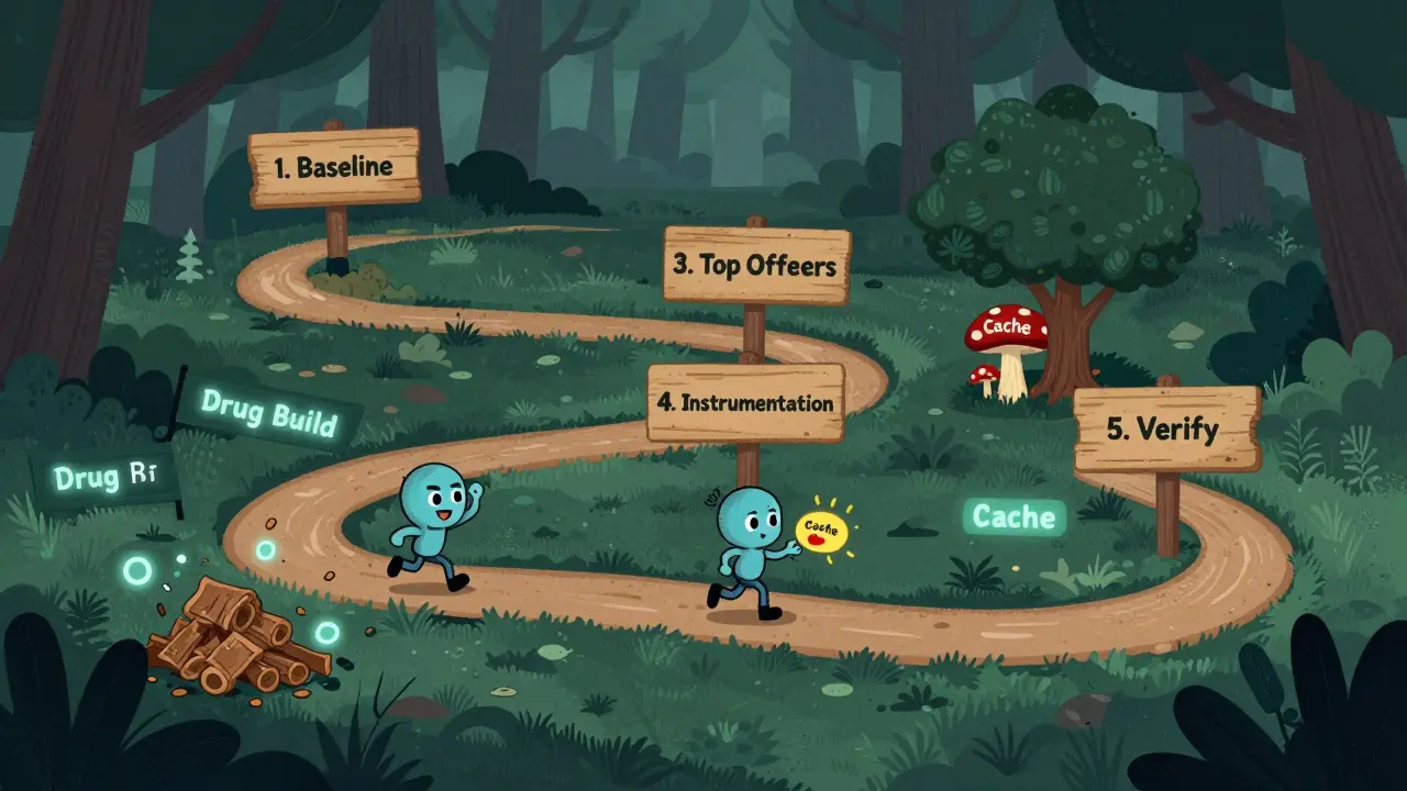 Five-step performance profiling workflow illustrated as a forest path with code characters and optimization symbols.