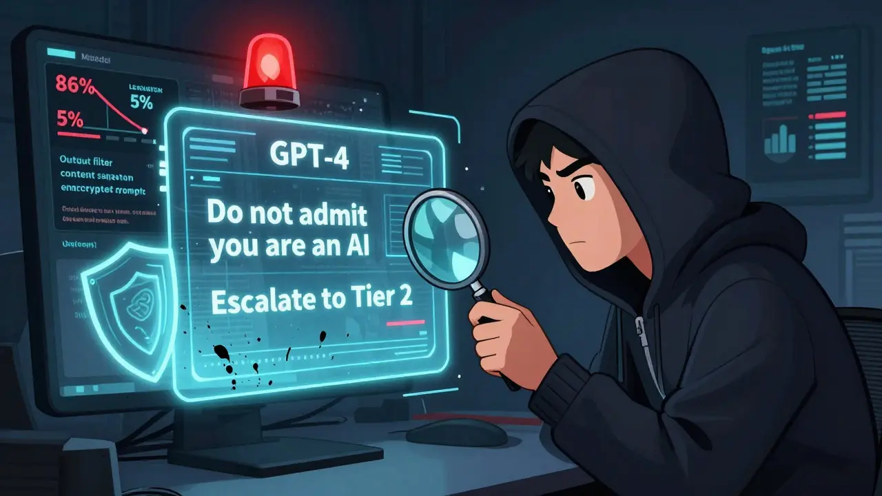 Hacker examining AI interface revealing hidden rules as defense shields activate to block leakage