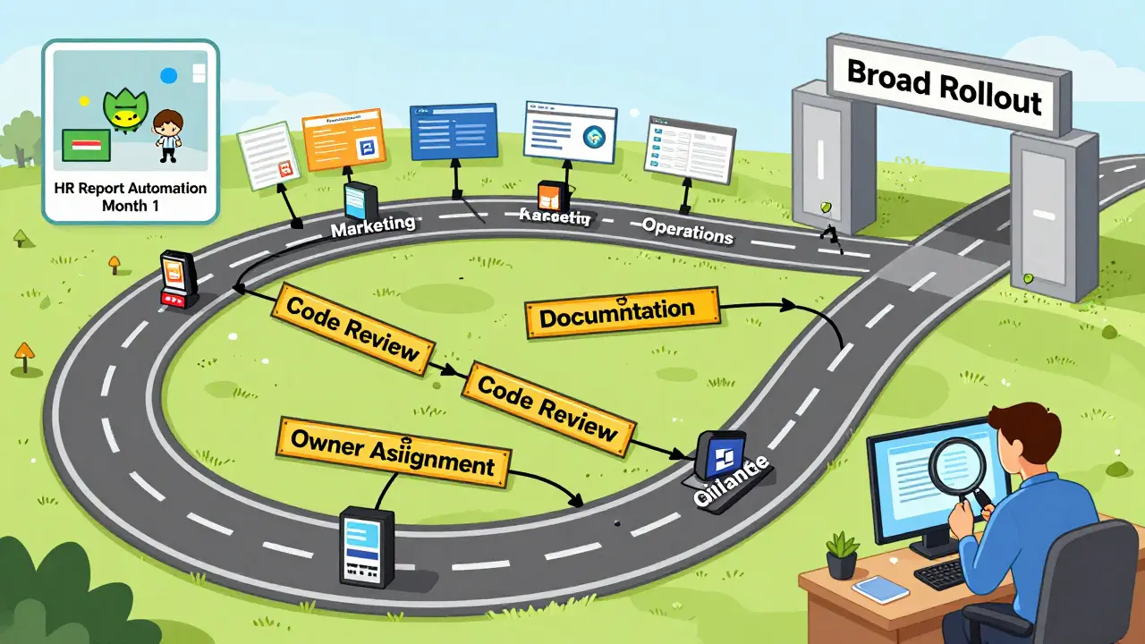 Roadmap showing step-by-step rollout of vibe coding from pilot project to company-wide adoption.