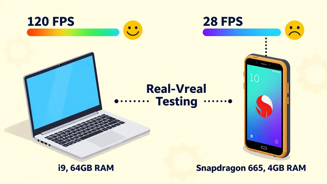 Side-by-side comparison of laptop and smartphone showing vastly different frame rates during game performance testing.