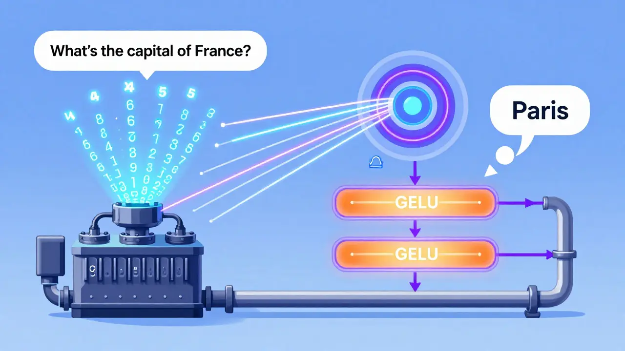 Transformer pipeline illustrating embeddings, attention, and feedforward layers transforming a question into the answer 'Paris'.