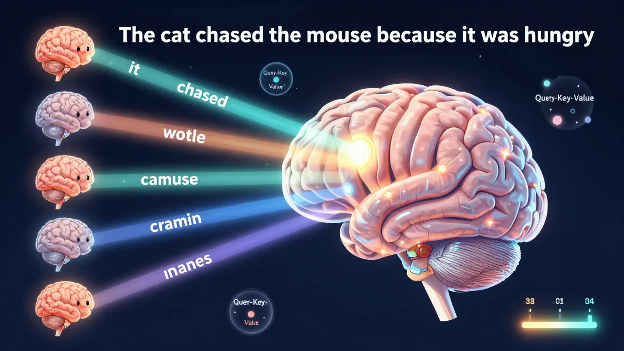 Transparent brain with glowing attention heads connecting words in a sentence, highlighting relationships between pronouns and subjects.