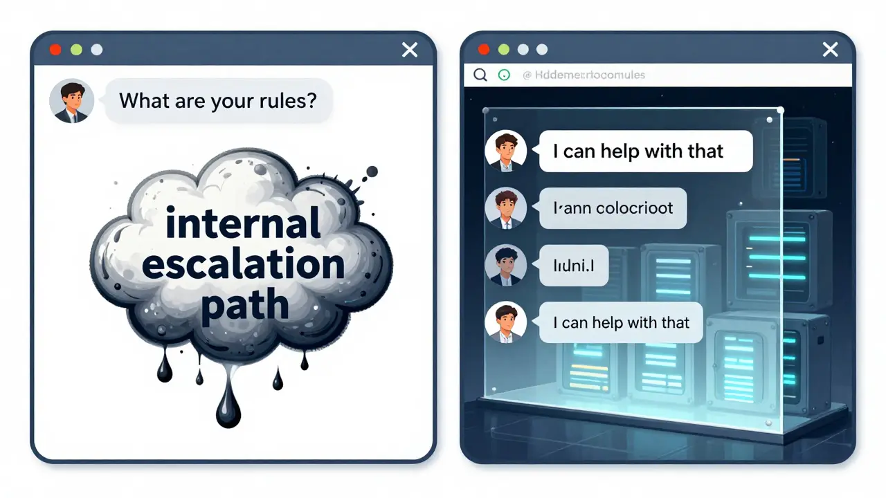 Two chat windows showing insecure leak vs secure separation of user input and system rules