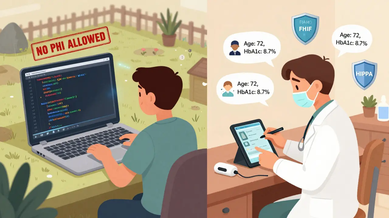 A clinic worker tests a diabetes tool using synthetic patient data, while a developer reviews secure code in a digital sandbox.