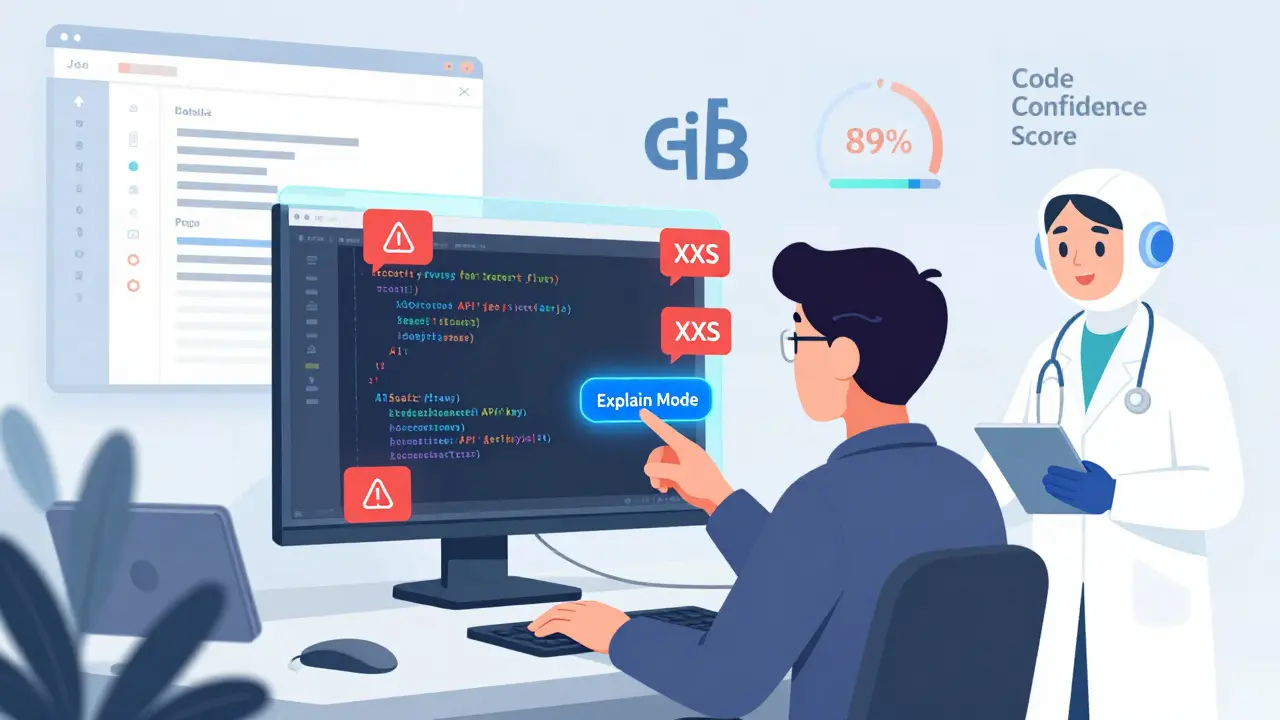 A developer inspects AI-generated code on a hologram, with security warnings appearing as the AI offers explainable insights.