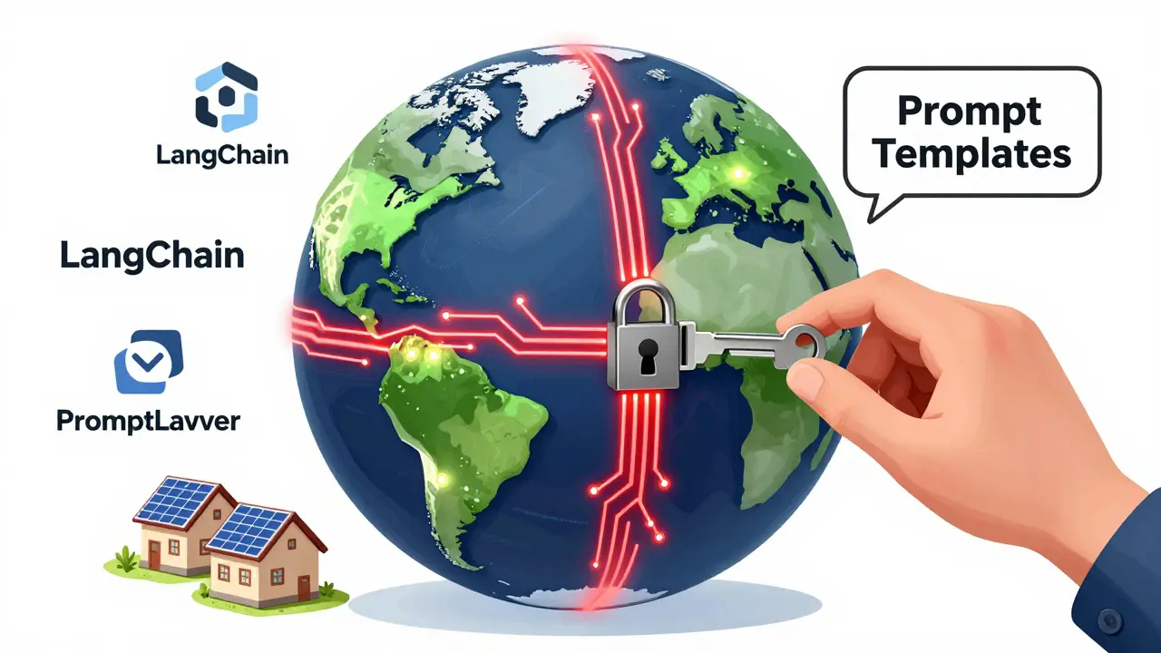 A globe shifting from red to green energy use as a prompt template key is turned, with tool icons nearby.