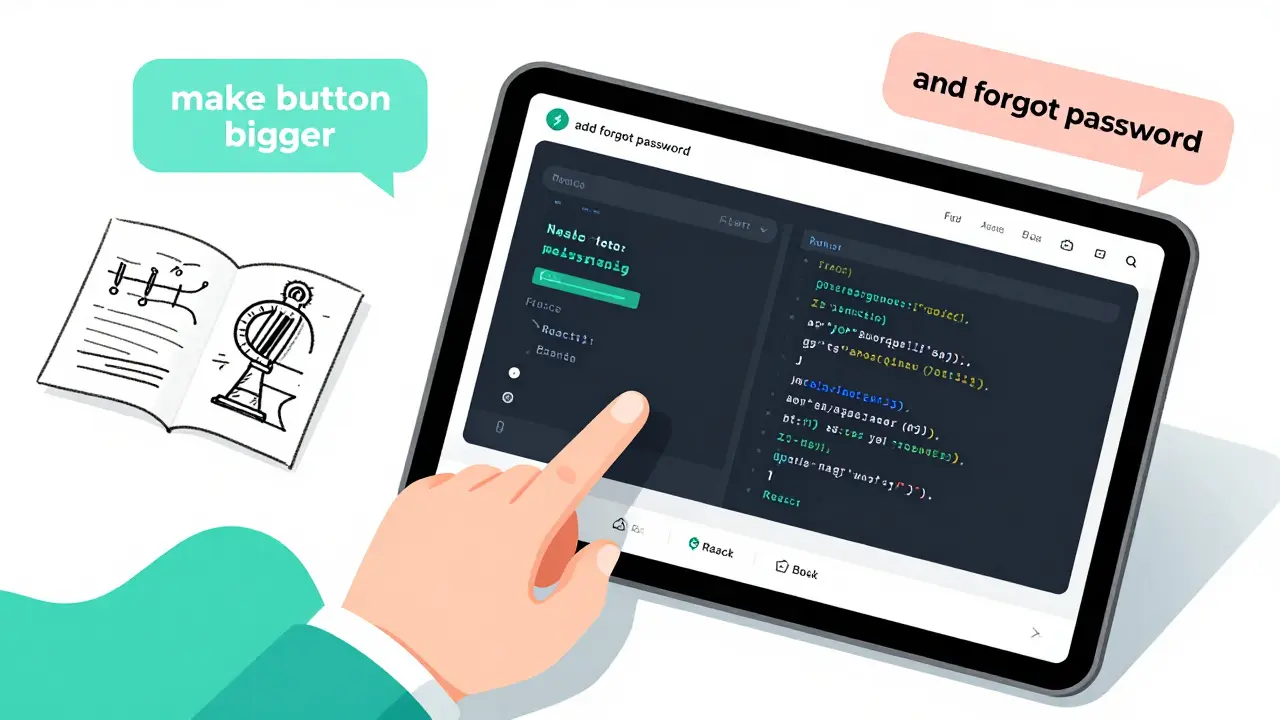 A product manager views an AI-generated web interface side-by-side with their sketch, voice commands guiding real-time updates.