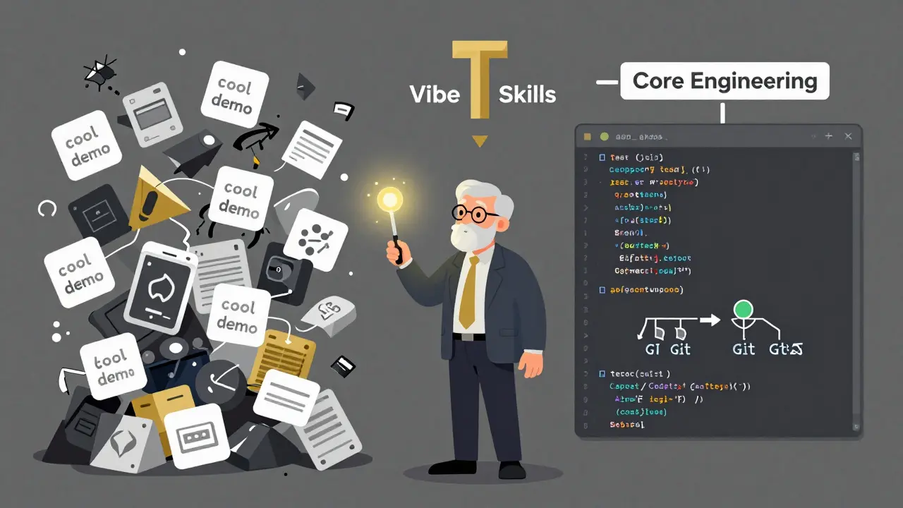 A senior engineer transforming chaotic AI prototypes into a structured, tested codebase using a glowing translator wand.