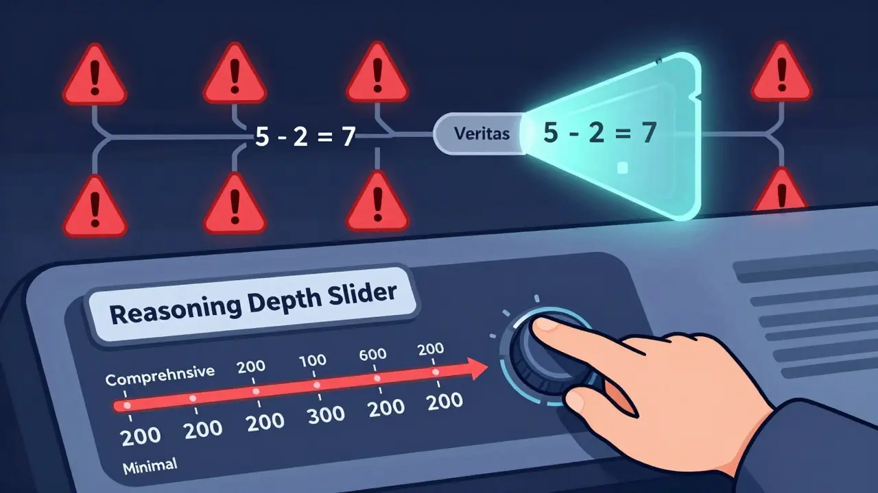 A slider adjusting AI reasoning depth, with a flawed logic chain being corrected by a filter.