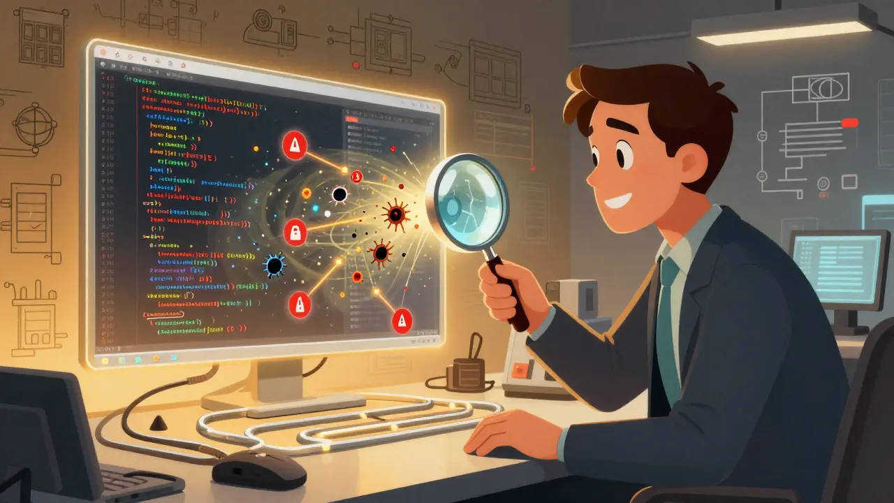A specialist inspecting messy AI-generated code with a magnifying glass, revealing hidden bugs while clean code emerges.