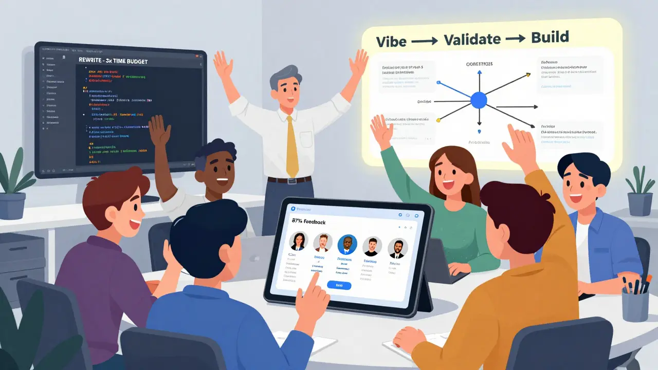 A startup team celebrates user feedback on a prototype while a developer prepares to rebuild the app from scratch.