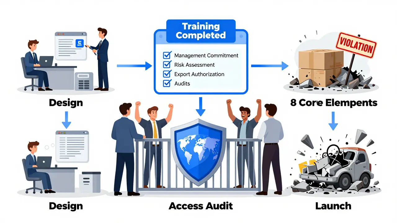 AI model pipeline with compliance gate blocking launch until all eight regulatory elements are verified.