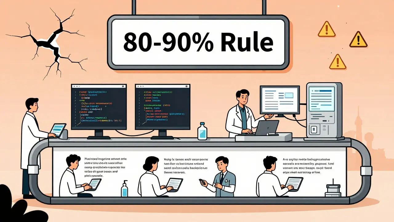An innovation pipeline shows AI generating code from plain language, with engineers reviewing it before connecting to real systems.