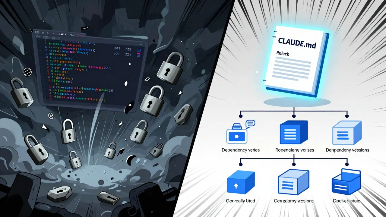Chaotic code vs organized template with rulebook guiding AI-generated code