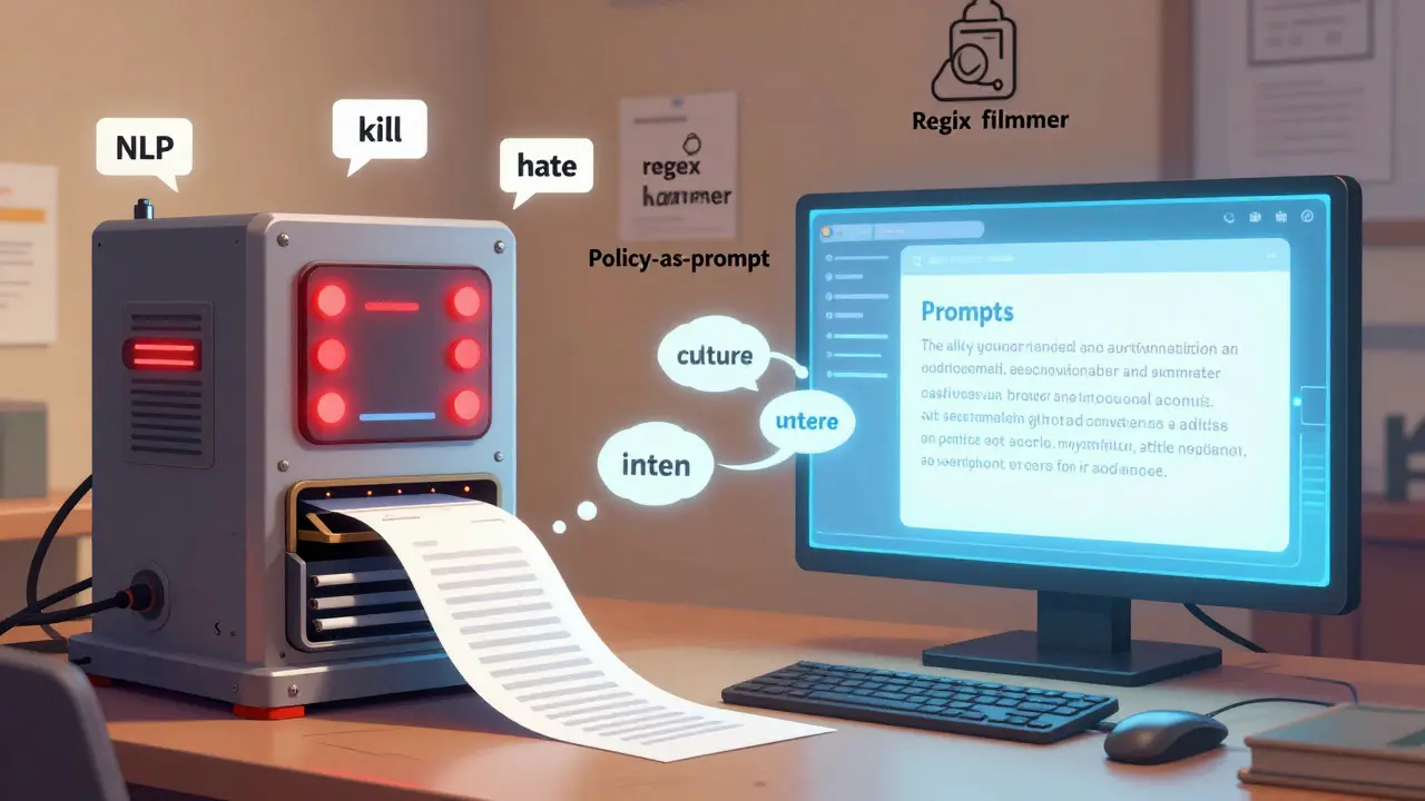 Contrasting NLP filters and LLM moderation as tools in a workshop, with keyword tags versus context-aware analysis.
