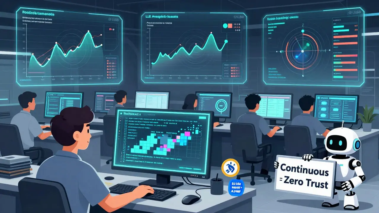 Engineers monitor holographic LLM threats with rollback action and compliance badges in a control room.