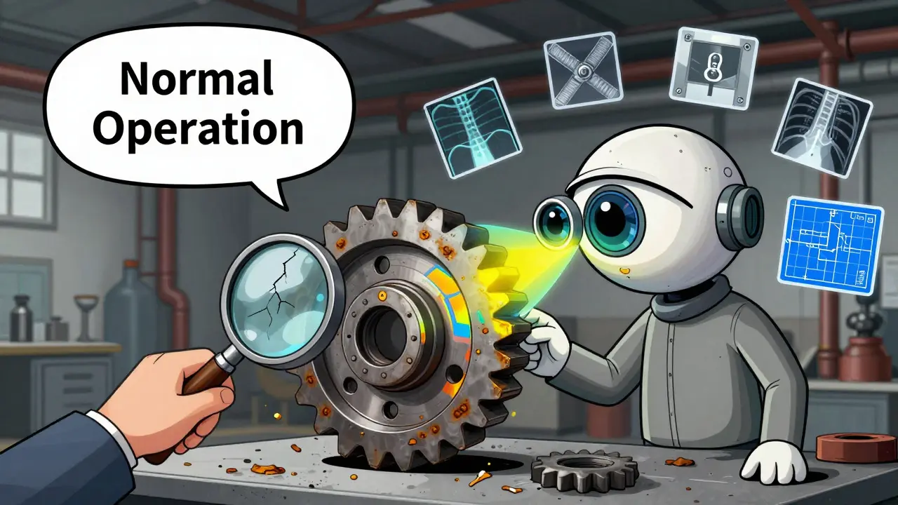 Factory scene showing text-first AI ignoring visual defects while vision-first AI detects them accurately.