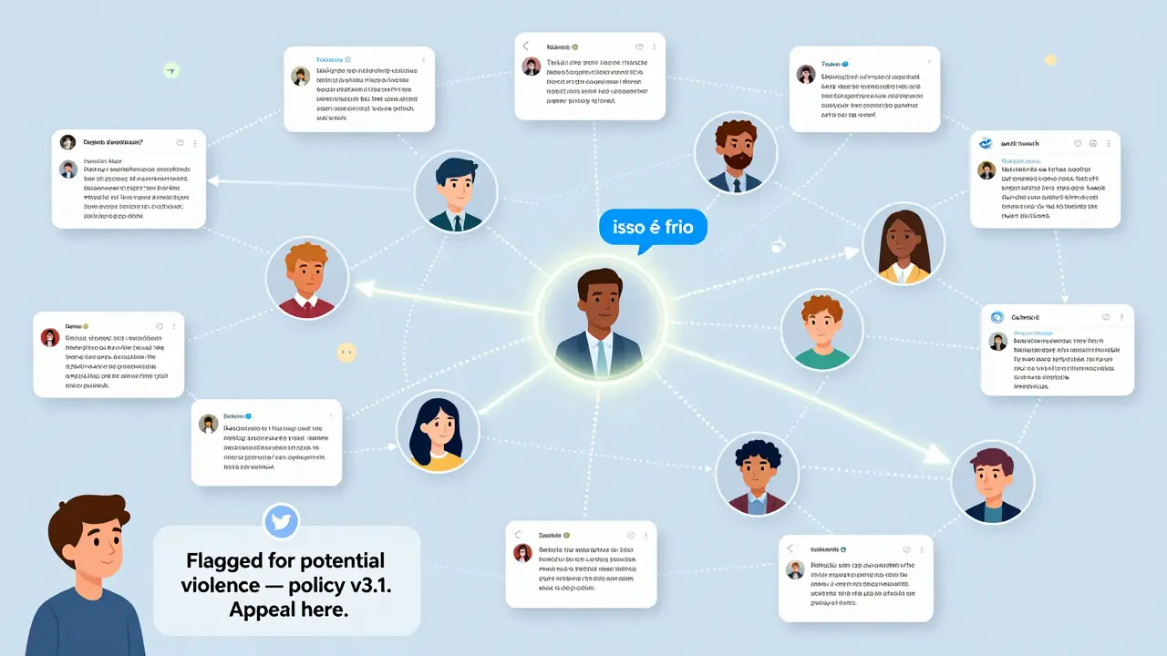 Global network of platforms sharing moderation rules, with a Brazilian phrase being reviewed by diverse human moderators.