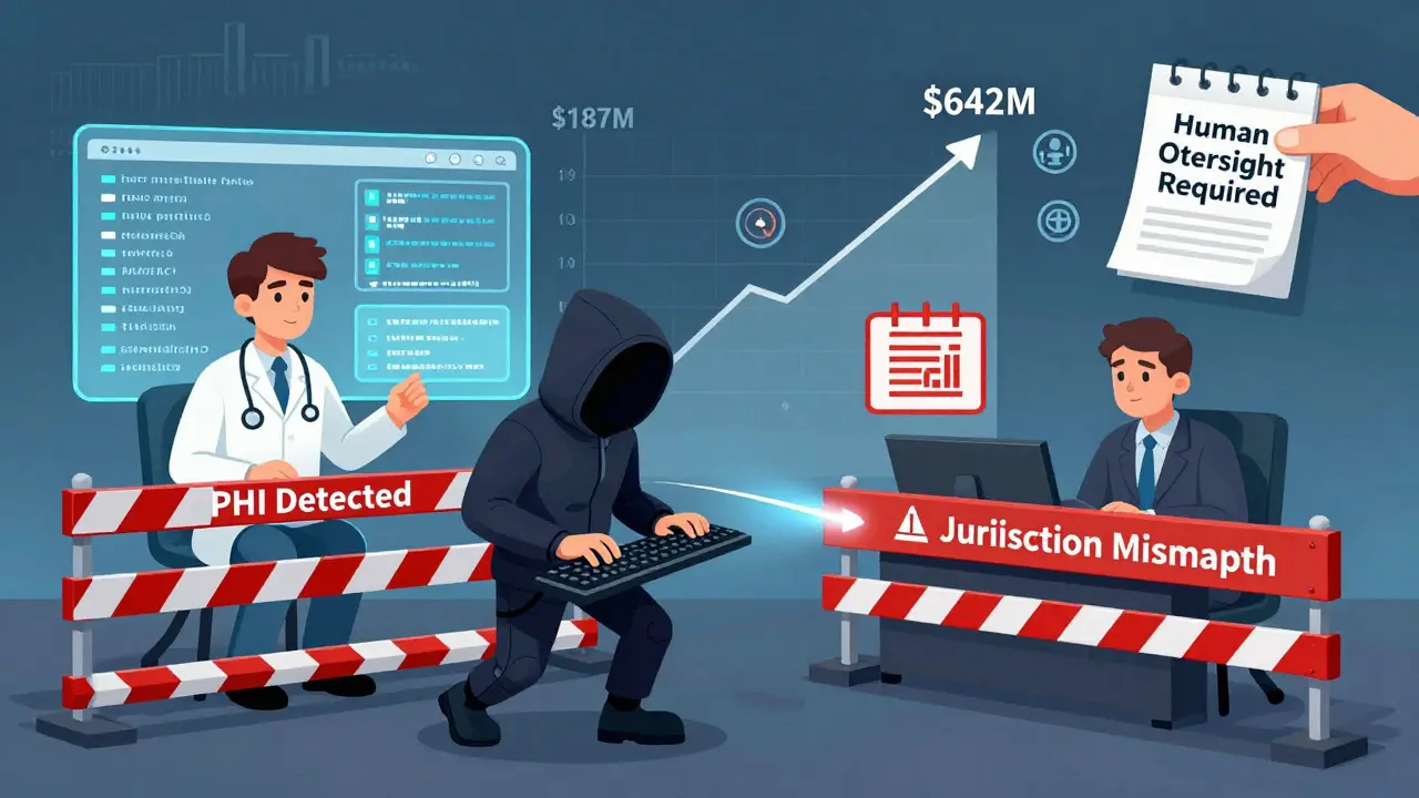 Hacker attempting prompt injection into an AI, stopped by medical and legal guardrails with human oversight hand reaching in.