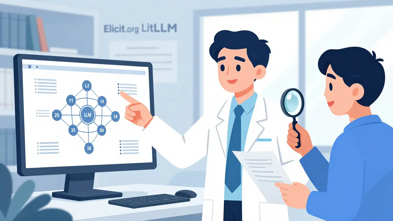 Human and AI collaborating: scientist verifies LLM-generated synthesis map while checking original papers.