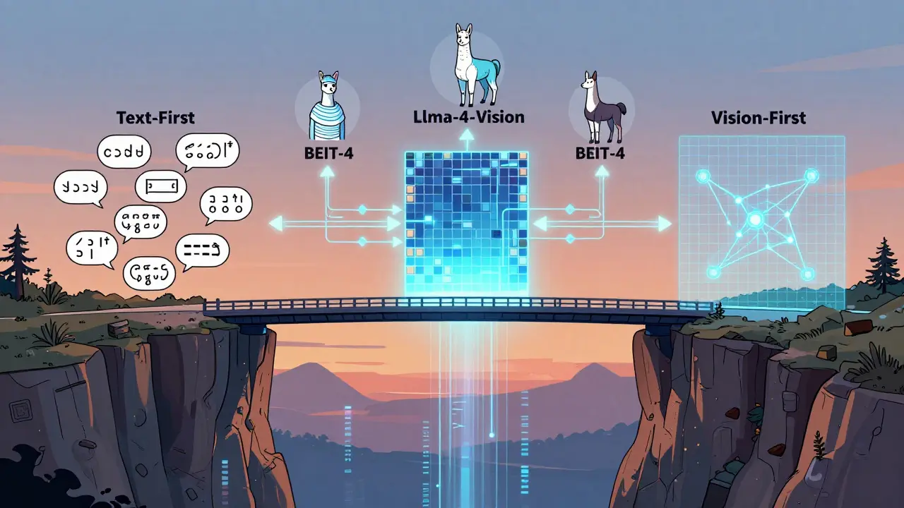 Hybrid AI architecture as a bridge connecting text and vision pathways with dynamic tiling and cross-modal flows.
