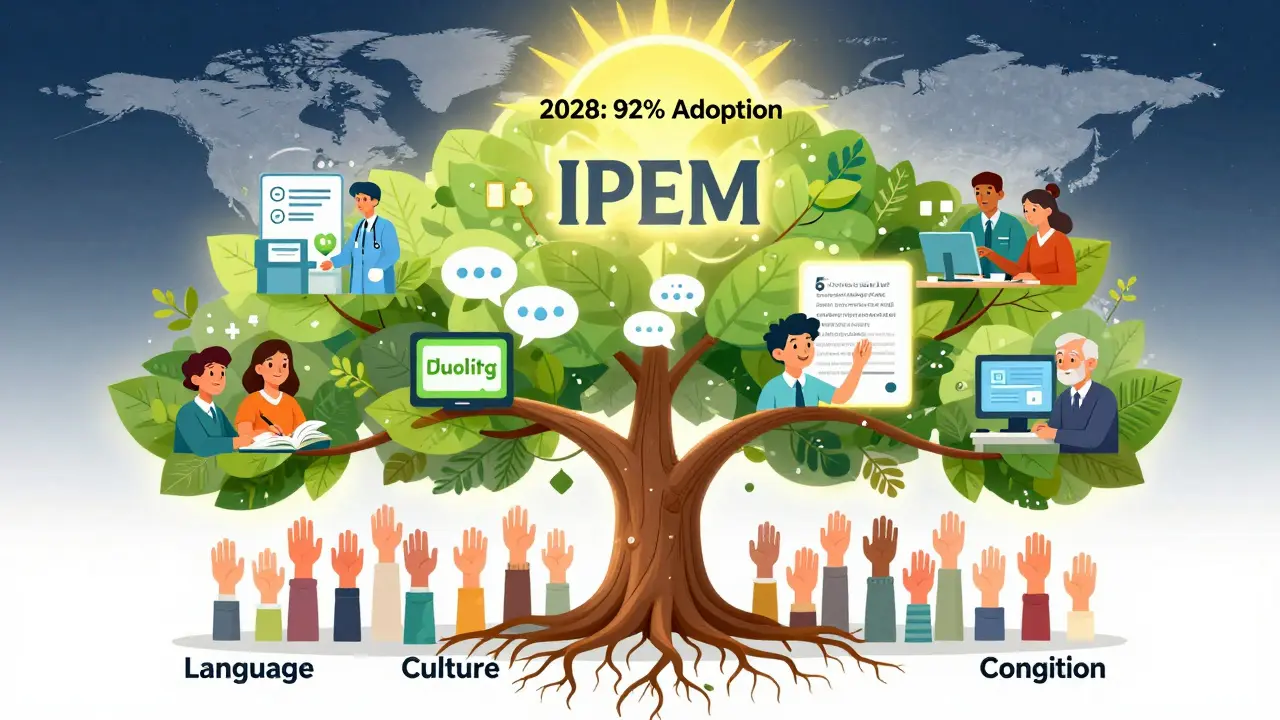 IPEM framework as a tree with roots in language and culture, branches showing accessibility features and real-world impacts.