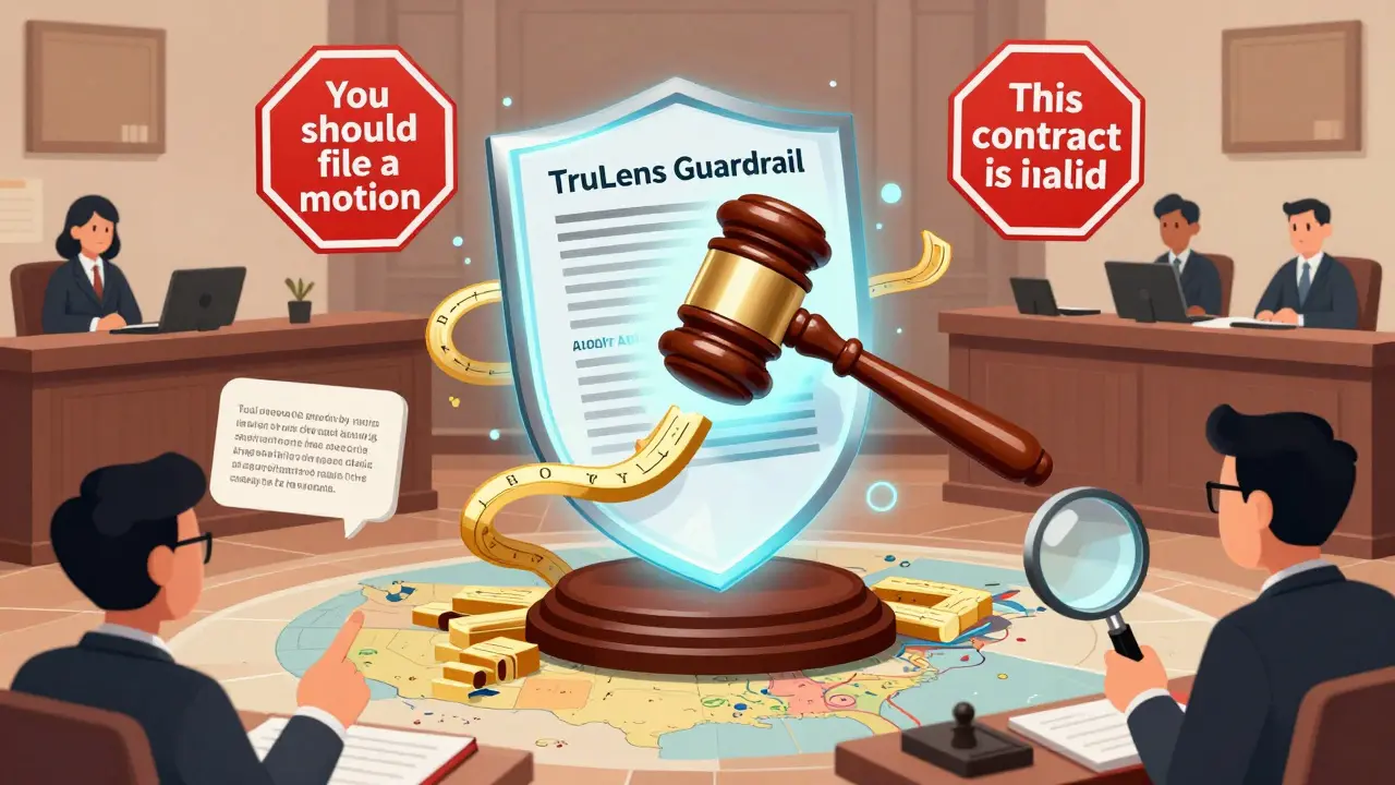 Legal AI blocked by guardrails from giving unauthorized advice, with audit logs and jurisdictional maps in the background.