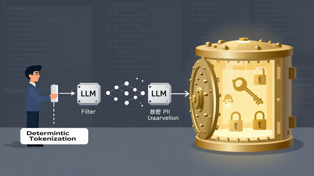 Secure data pipeline with tokenization filter and encrypted PII vault, contrasting safe and risky logs.