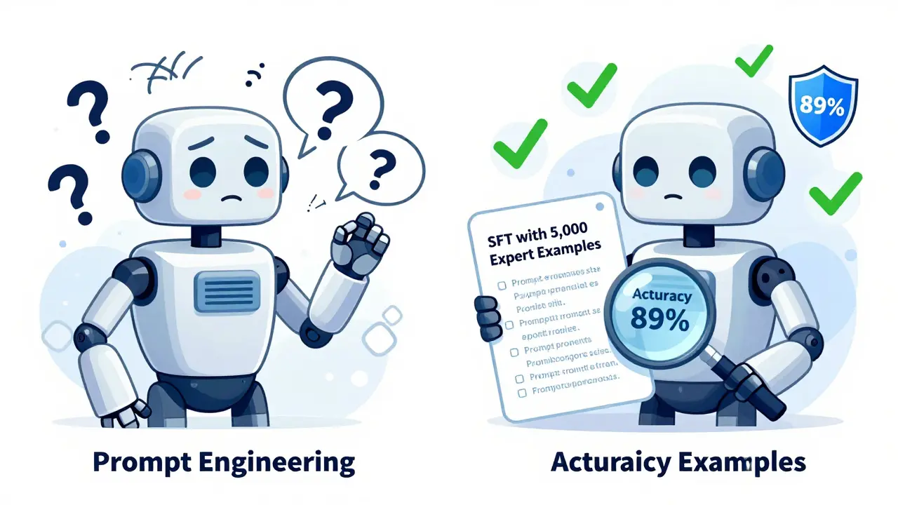 Side-by-side comparison of vague prompt engineering vs precise SFT output with expert data