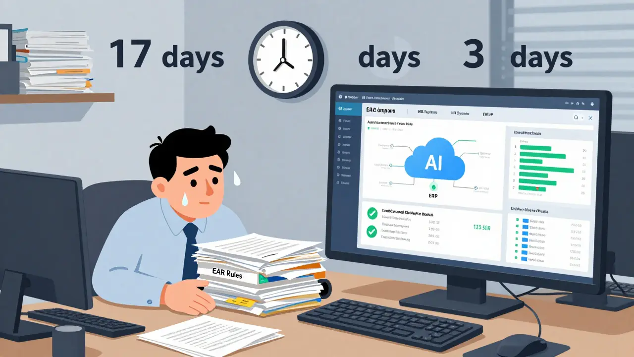 Split scene: chaotic manual compliance vs. automated digital system reducing approval time from 17 to 3 days.