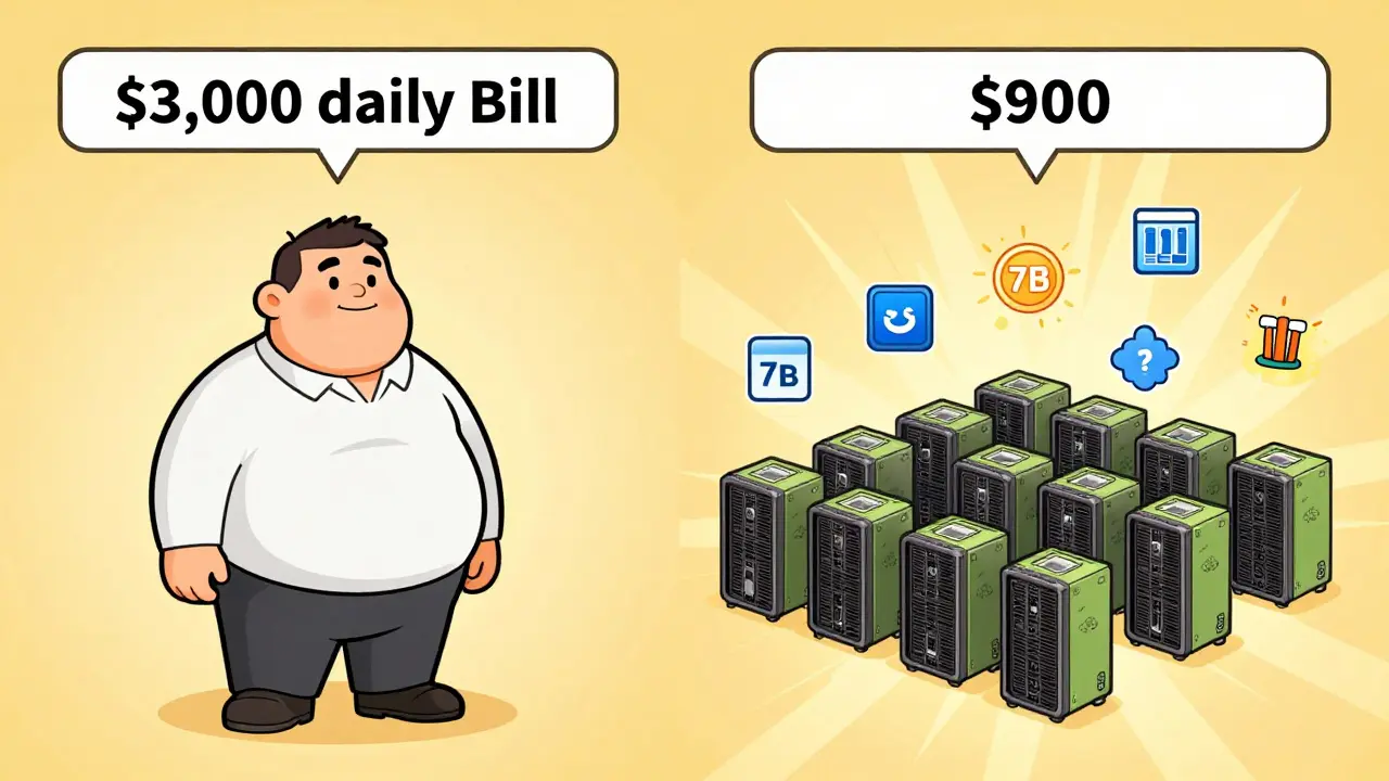 Split-screen comparison of high-cost vs. optimized LLM serving with efficiency icons and cost savings.