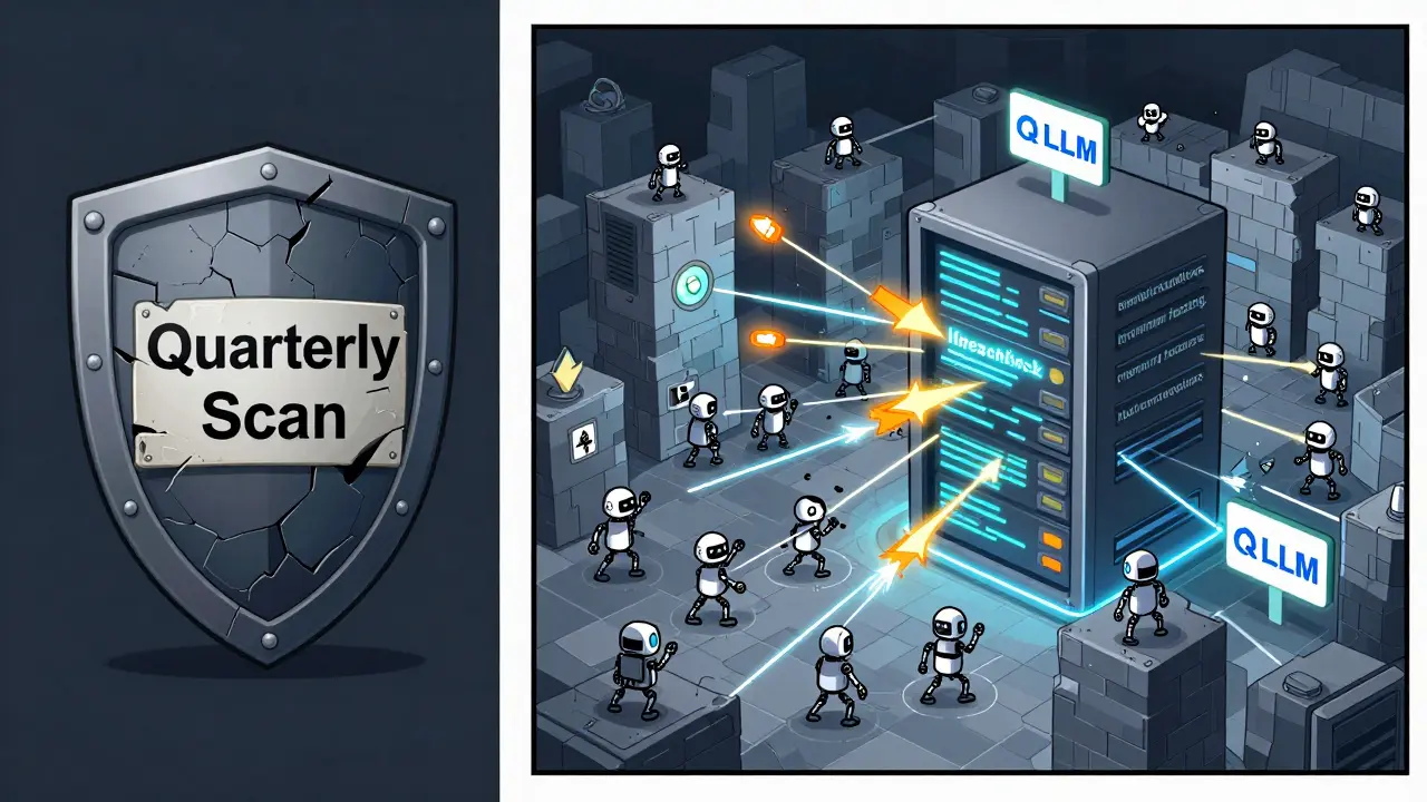 Static security shield crumbling vs. dynamic AI fortress under continuous attack testing.