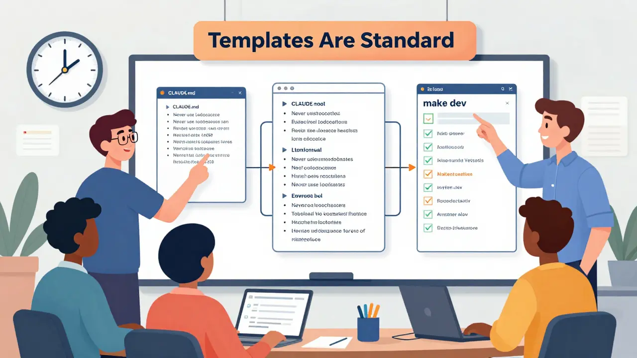 Team reviewing a template diagram with CLAUDE.md rules and make dev command visible