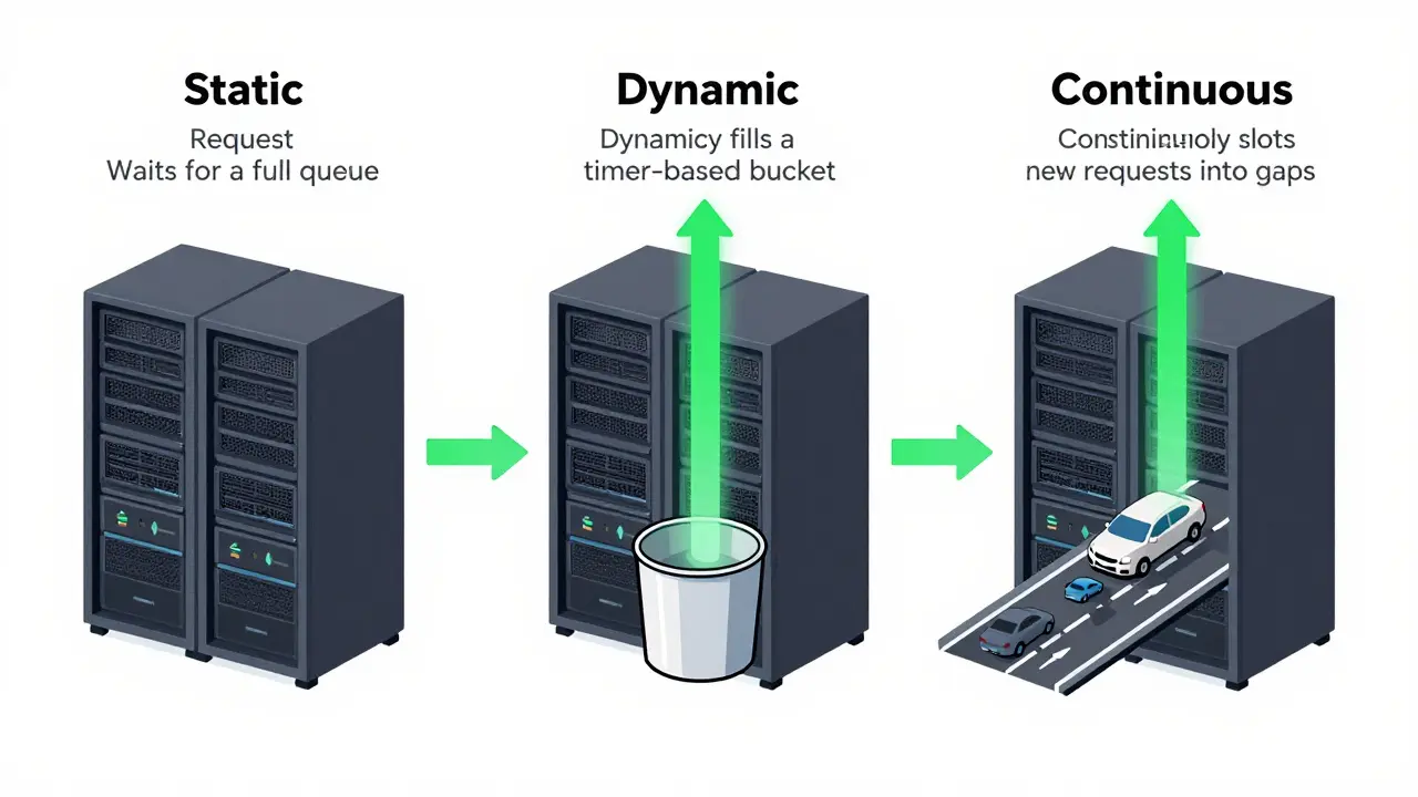 Three batching methods illustrated as server racks with flowing request arrows and throughput indicators.
