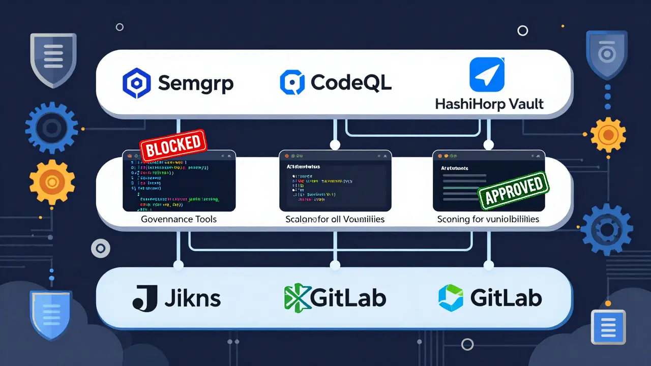 Three-layered enterprise toolchain with AI agents and governance tools scanning and approving code flows.