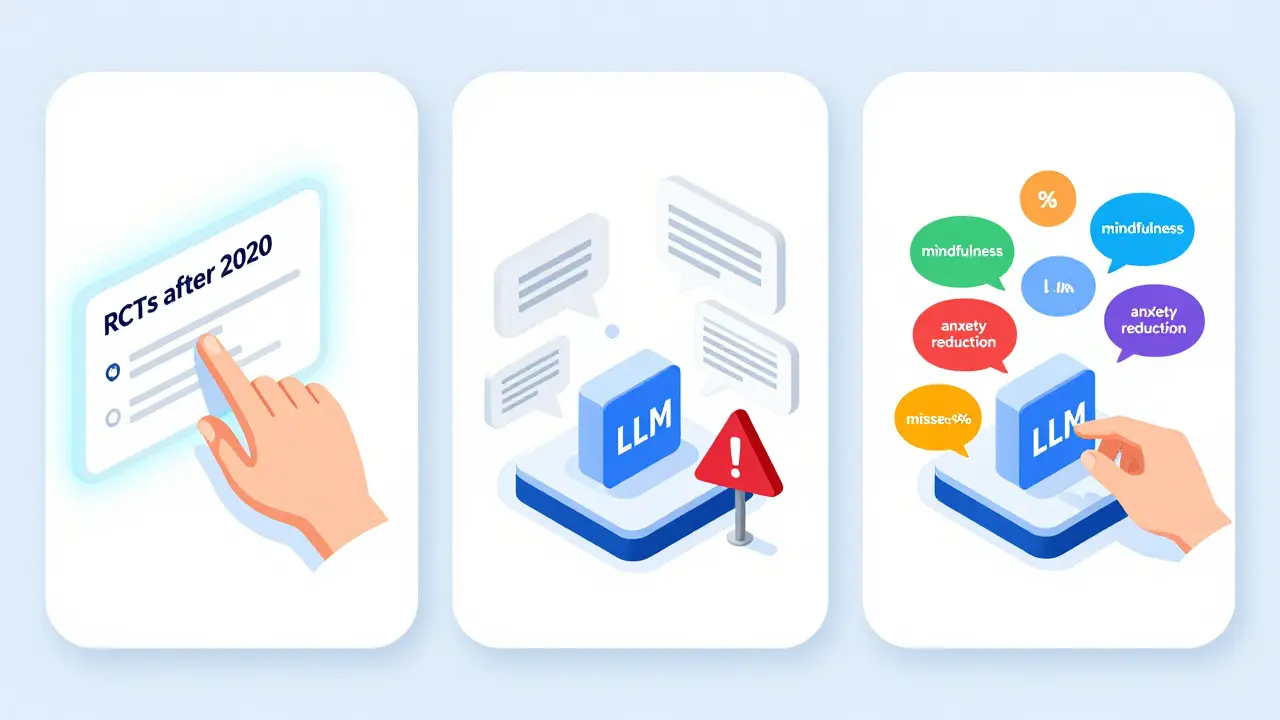 Three-stage process of literature review: input criteria, extract data with warnings, and group themes visually.