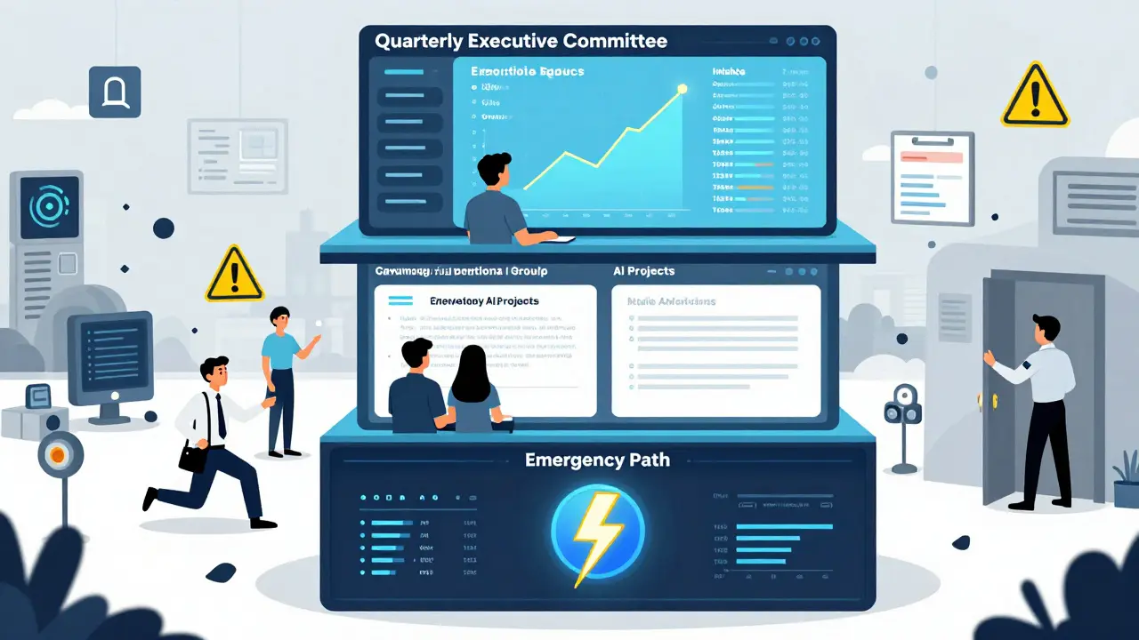 Tiered AI governance system with executive, operational, and emergency paths
