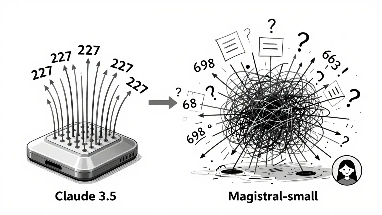 Two AI models side by side: one efficient, one verbose, both solving math with different token flows.