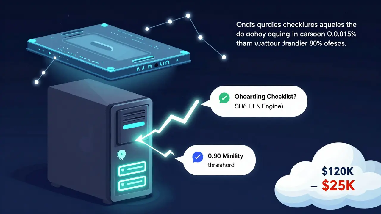 A caching system with Redis and ARC predicting queries, reducing cloud costs in a technical cartoon style.