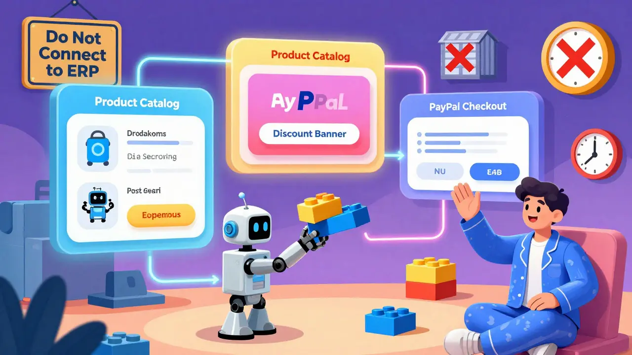 A colorful dashboard with floating e-commerce components being assembled by an AI robot, with a warning against connecting to inventory systems.