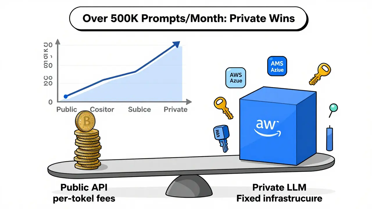 A cost comparison scale showing rising per-token fees versus stable private LLM infrastructure costs at scale.