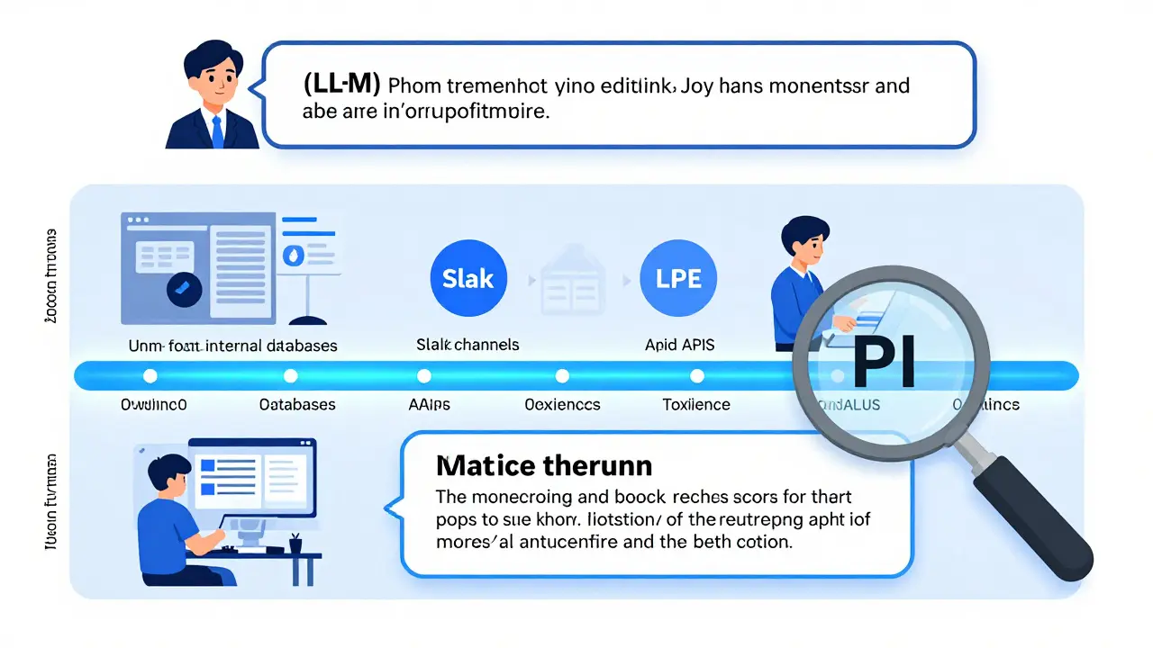 A detailed timeline of an LLM interaction showing prompts, data sources, guardrails, and encrypted logs.