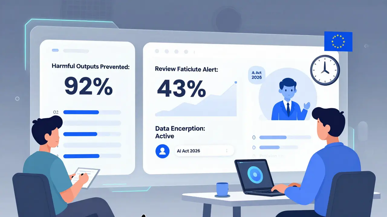 A futuristic review dashboard with metrics on prevented errors, fatigue alerts, and data security, with a reviewer taking a break.