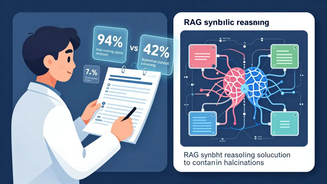 A human reviewing an AI medical report with confidence scores and source citations, alongside a hybrid AI system.