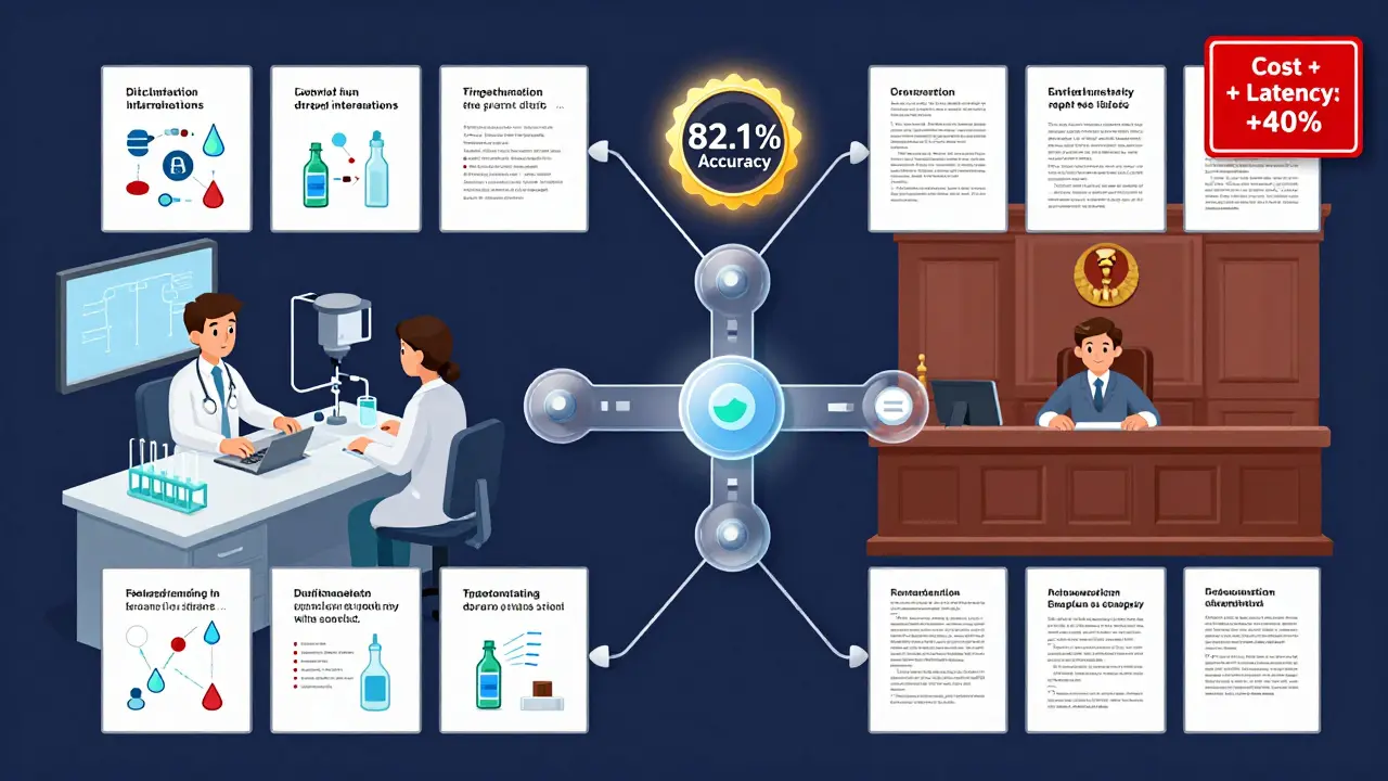 A medical lab and courtroom both using decomposition steps, connected by a glowing reasoning chain with accuracy badge.